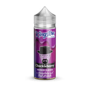 A 100ml bottle of Kingston Chuckleberry premium flavour e liquid, with a label featuring a berry and a cap on top, indicating nicotine-free and suitable for all-day vaping.